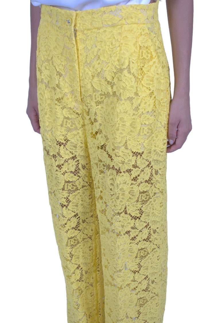 Dolce & Gabbana Yellow Floral Lace Wide-Leg Viscose-Blend Pants