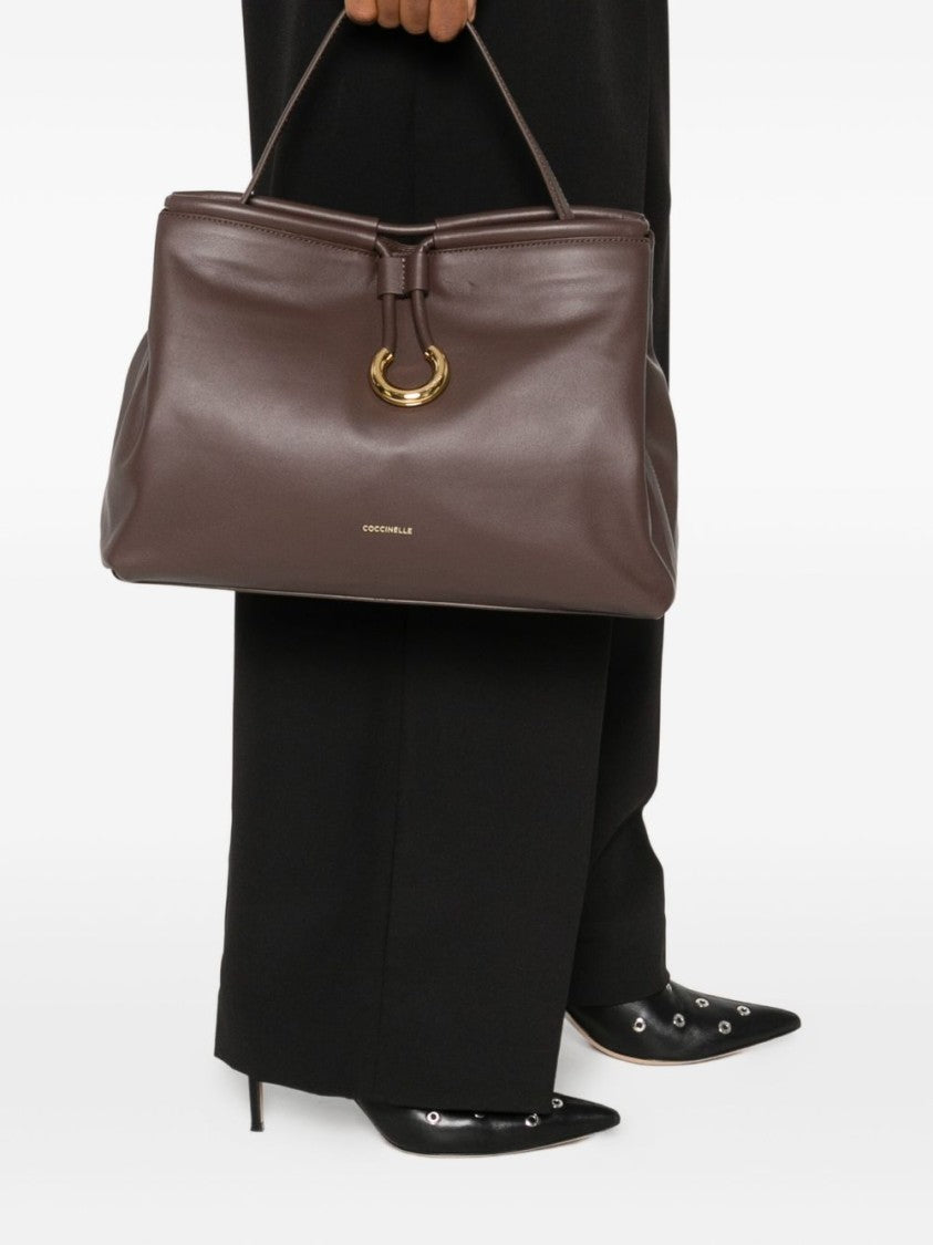 Coccinelle Structured Brown Calfskin Handbag With Gold-Tone Detail