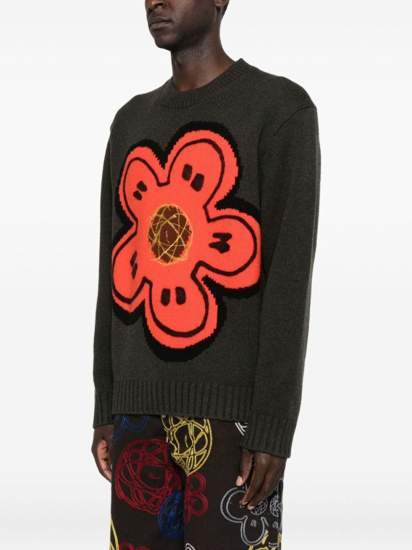 Kenzo Dark Green Wool Jumper With Bright Floral Embellishment