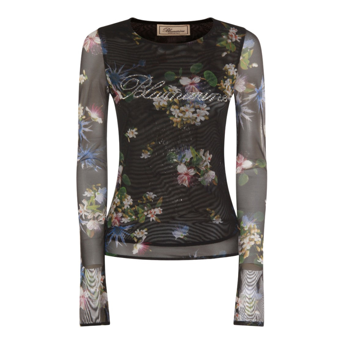 Blumarine Sheer Black Floral Embellished Long-Sleeve Top