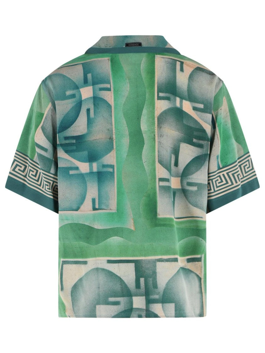 Versace Short-Sleeve Green Silk Shirt With Geometric Print