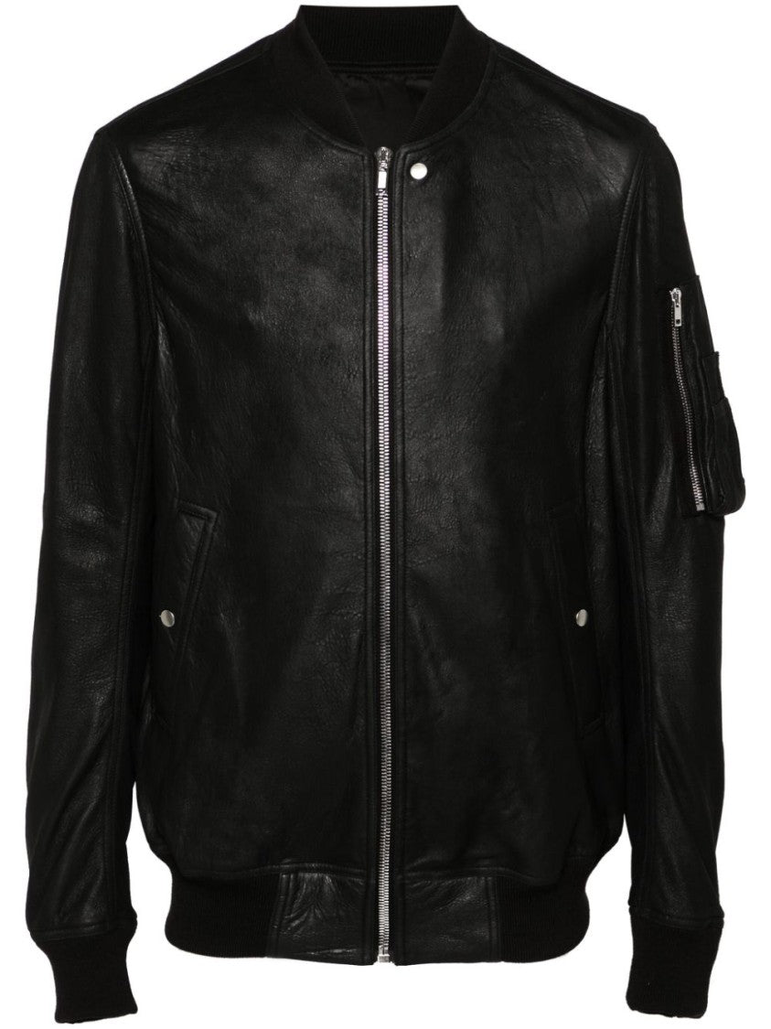 Rick Owens Black Leather Bomber Jacket With Ribbed Cuffs