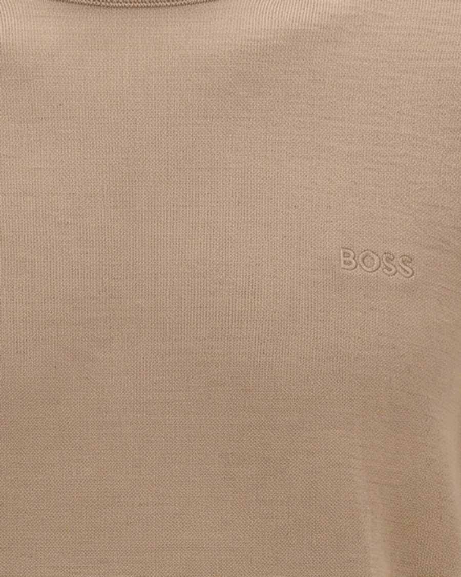 Boss Medium Beige Logo Embroidered Virgin Wool Sweater