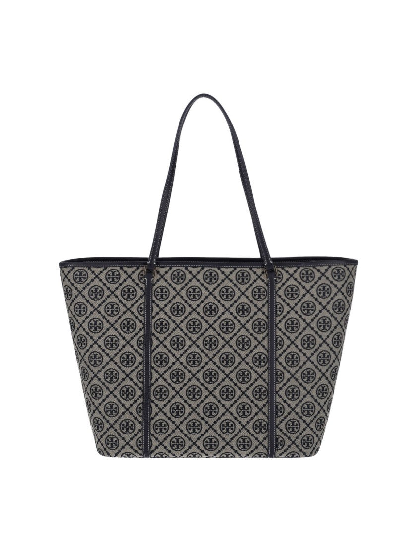 Tory Burch T Monogram Beige Blue Jacquard Large Tote Bag