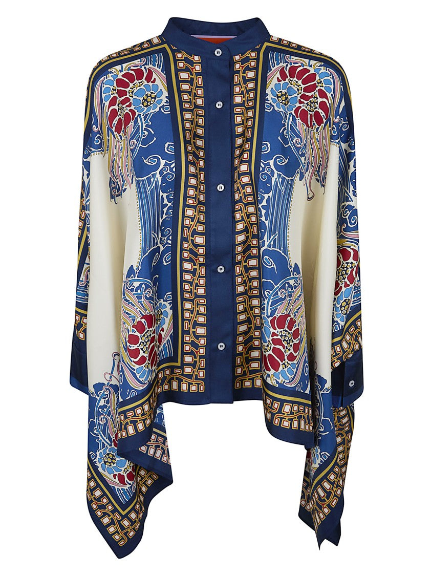 La Double J Cascading Silk Foulard Shirt With Vibrant Floral And Geometric Print