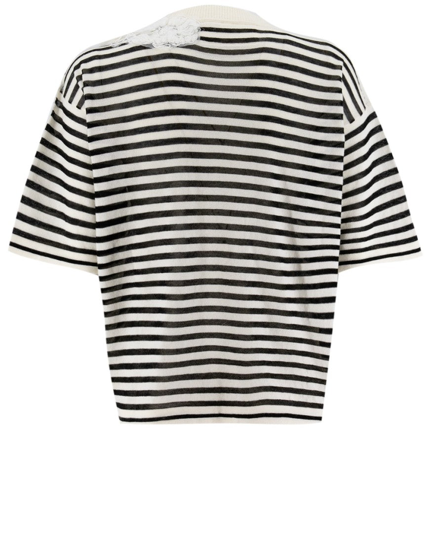 Ermanno Scervino Striped Cotton T-Shirt With Floral Lace Detail