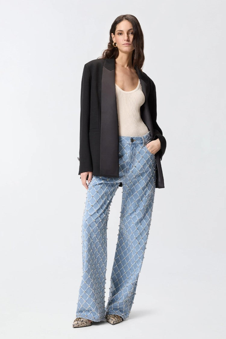 Pinko Blue Wanda Diamond-Lattice Crystal Cotton Wide-Leg Jeans
