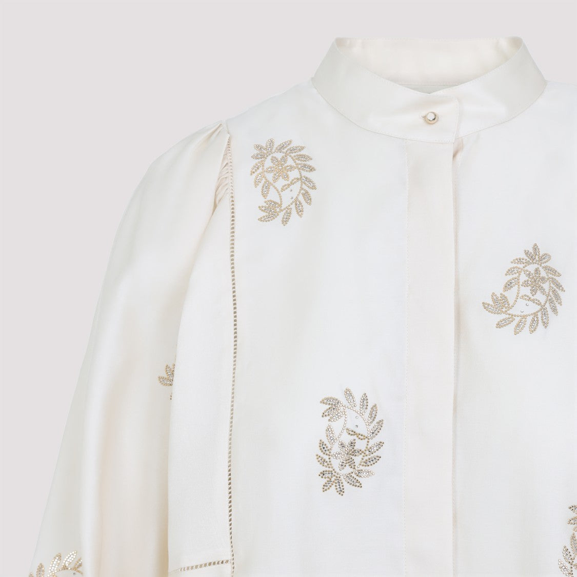 Max Mara High Collar White Cotton Shirt With Embroidered Detail