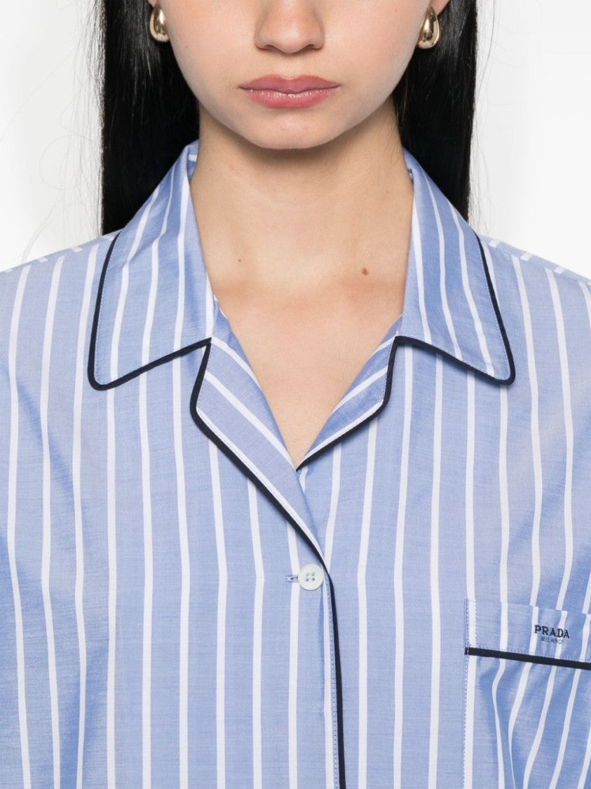 Prada Vertical Striped Poplin Shirt With Notched Collar And Embroidered Logo