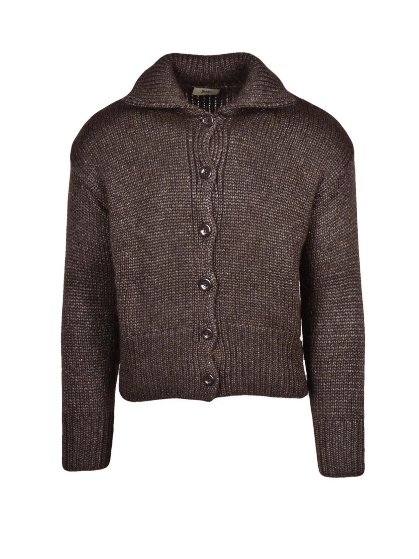 Herno Short Brown Cardigan With Chunky Knit And Button-Down Front