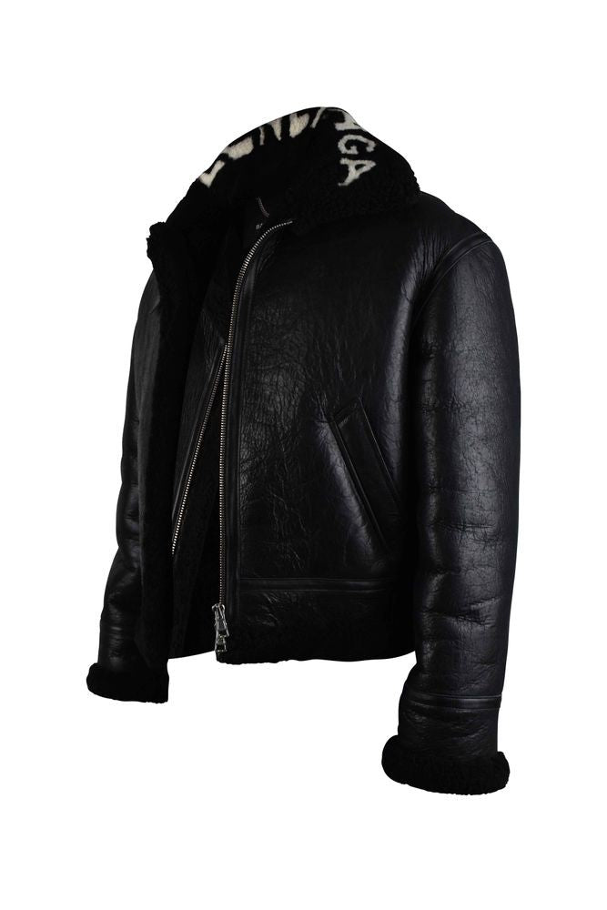 Balenciaga Shiny Black Leather And Wool Bomber
