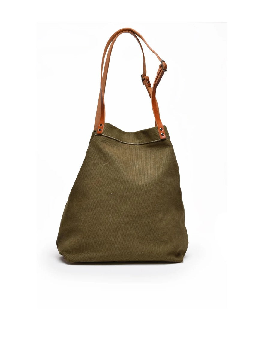 Aspesi Military Green Canvas Leather Handles Cotton Shopper Bag