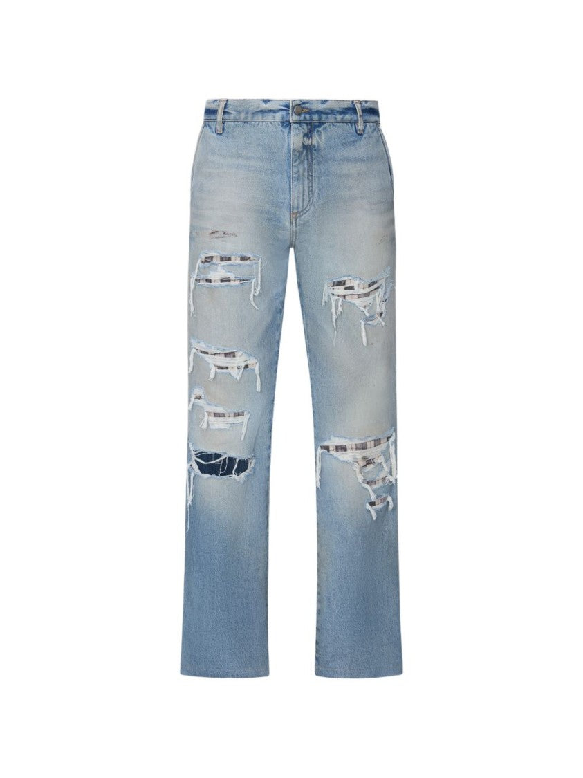 Amiri Light Blue Denim Jeans With Distressed Patchwork Details