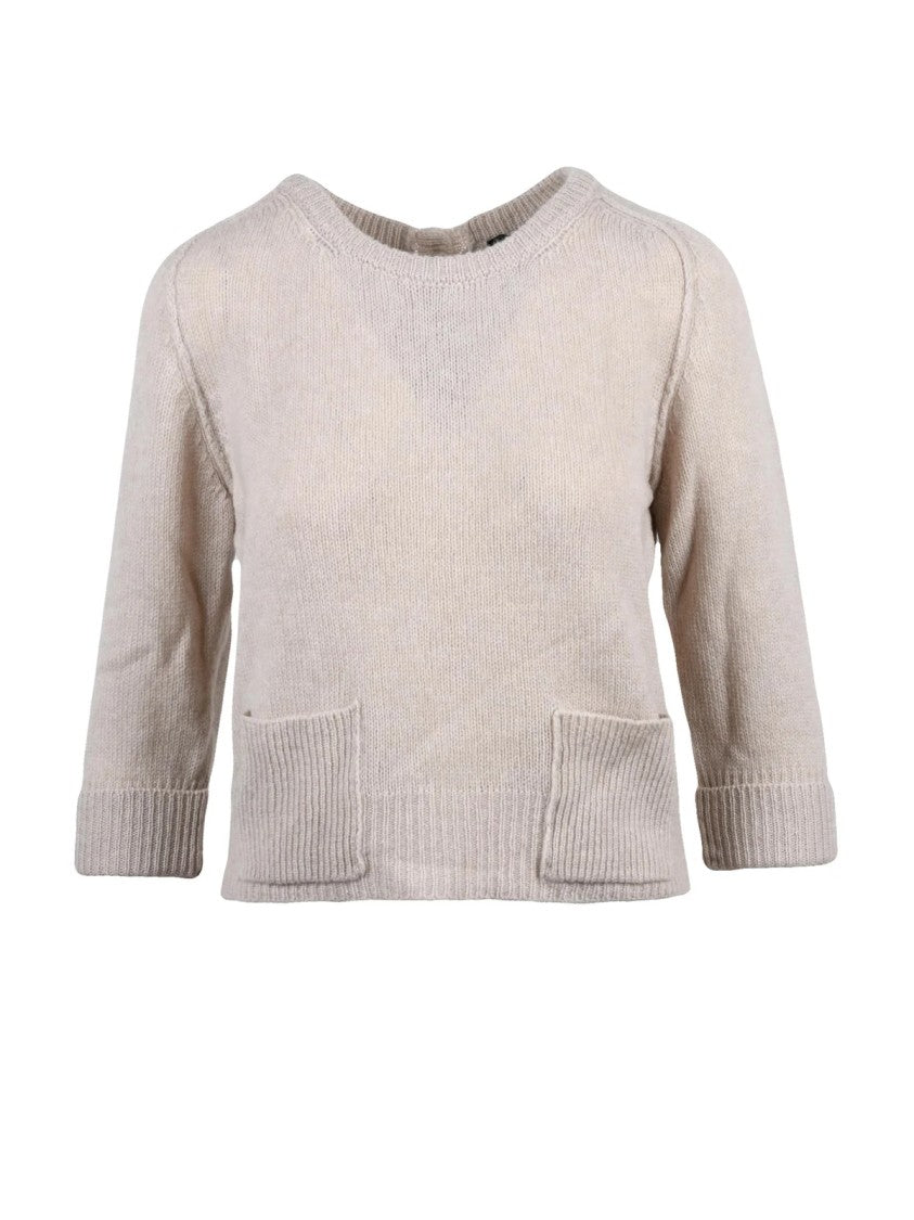 Anneclaire Beige Back Button Virgin Wool-Cashmere Short Sweater