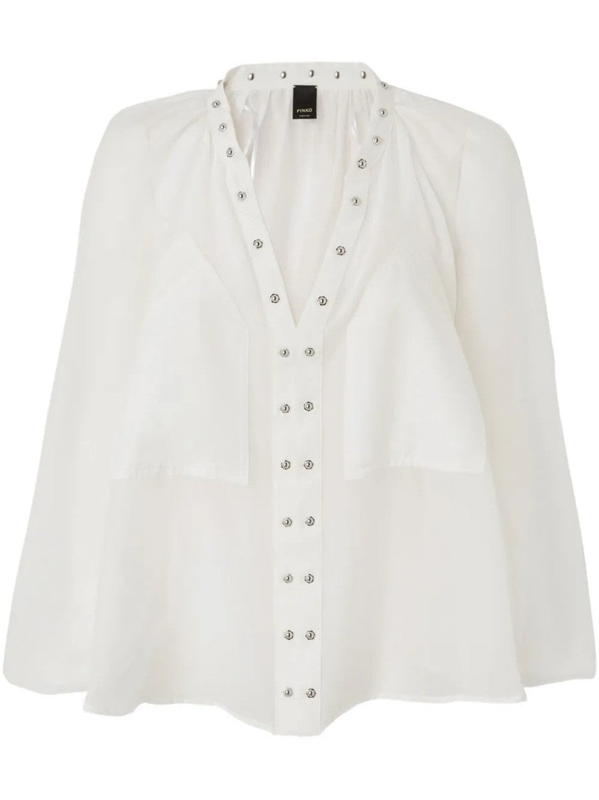 Pinko White Darren Flowy V-Neck Cotton-Silk Blouse