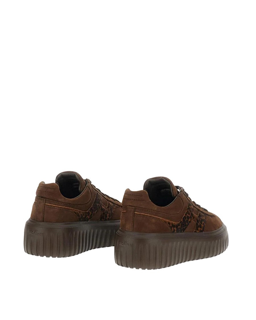 Hogan Brown H-Stripes Suede Leopard Sneakers