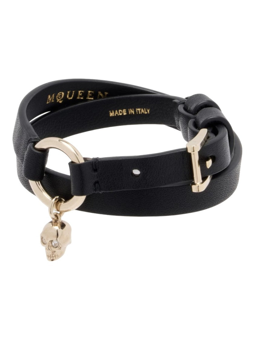 Alexander Mcqueen Skull Double-Wrap Black Leather Charm Bracelet