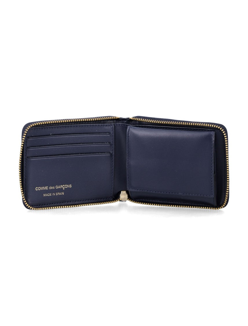 Comme Des Garçons Compact Navy Calfskin Zip-Around Wallet With Metallic Accents
