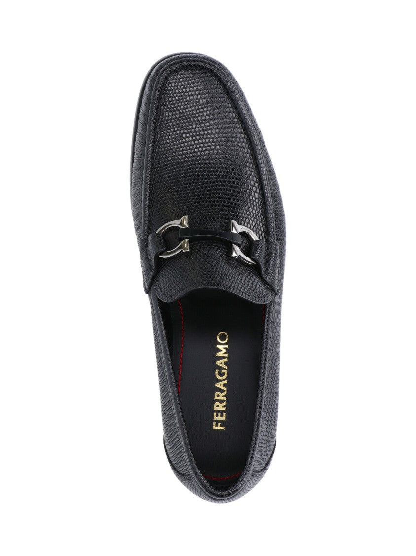 Ferragamo Textured Black Leather Loafers With Metallic Bit Detail