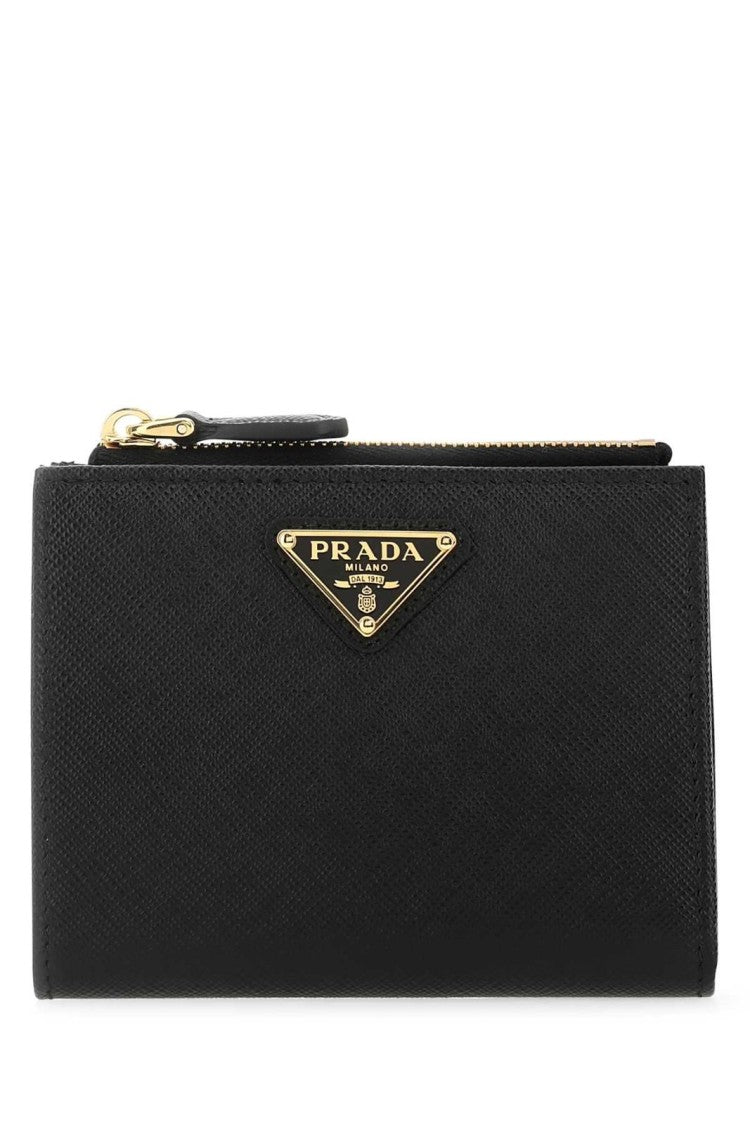 Prada Compact Black Zip Wallet With Triangular Logo Plaque