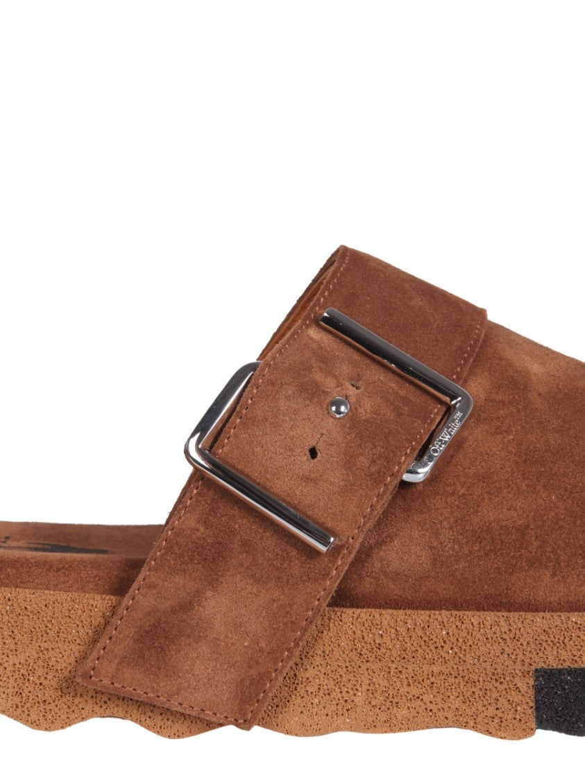 Off-White Suede Upper Slippers With Adjustable Strap