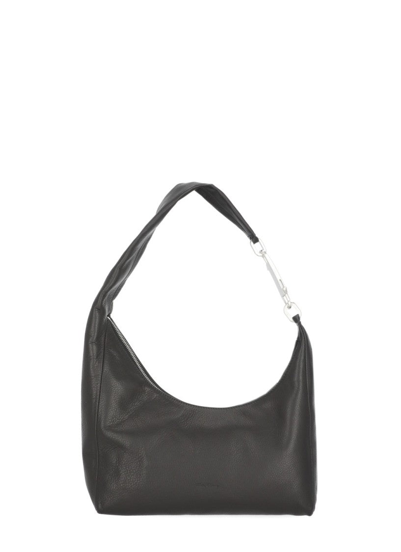 Rick Owens Minimalist Black Leather Bag With Silver Carabiner And Internal Pocket