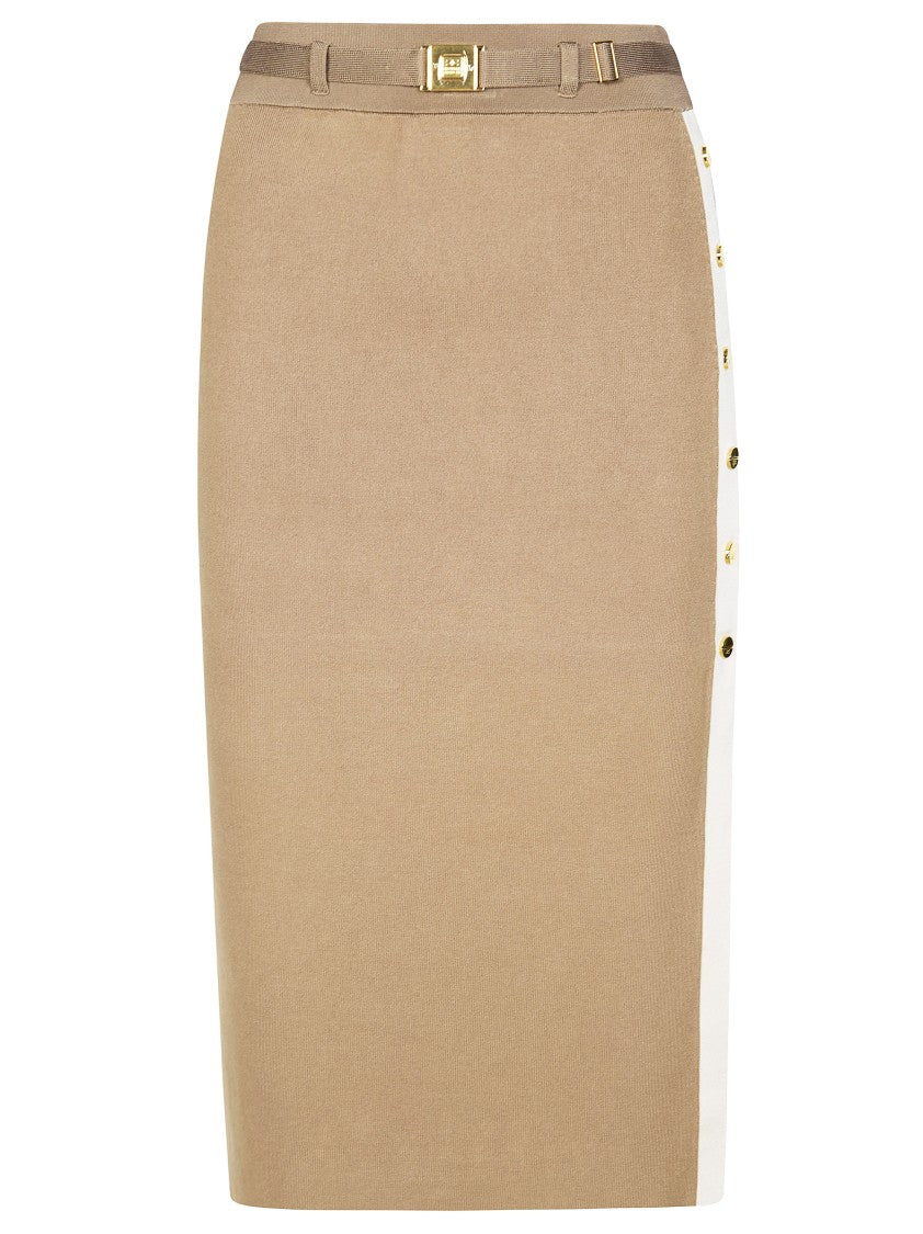 Elisabetta Franchi Fitted Midi Gold Buttons Knit Skirt