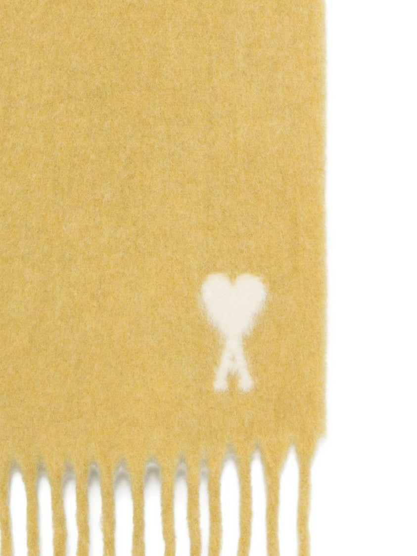 Ami Paris Yellow Alpaca Blend Fringed Monogram Scarf