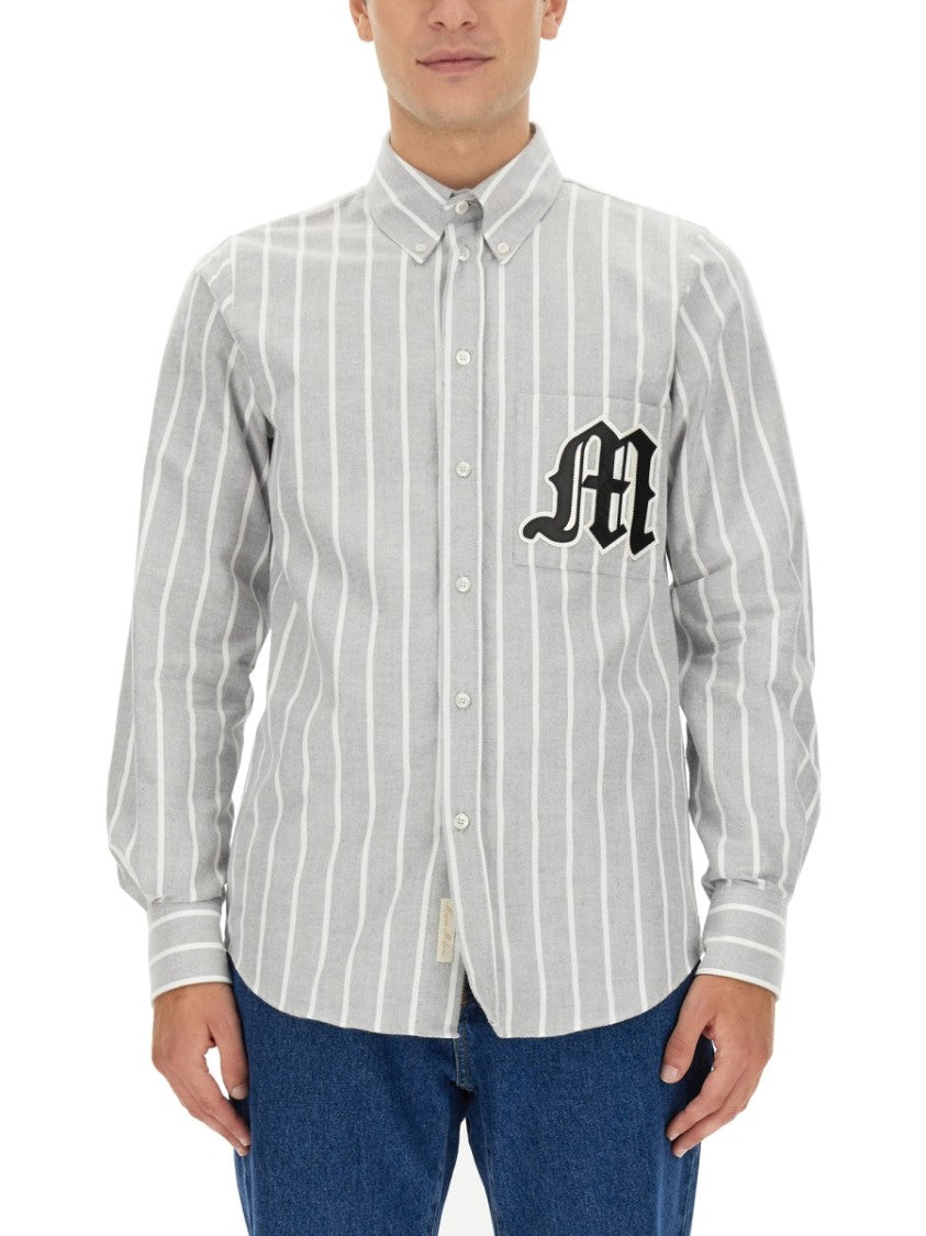 Msgm Vertical Striped Cotton Shirt With Logo Detail