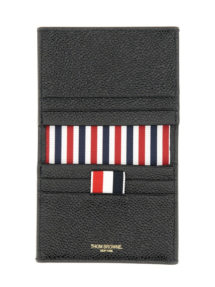 Thom Browne Textured Black Calf Leather Cardholder With Striped Interior