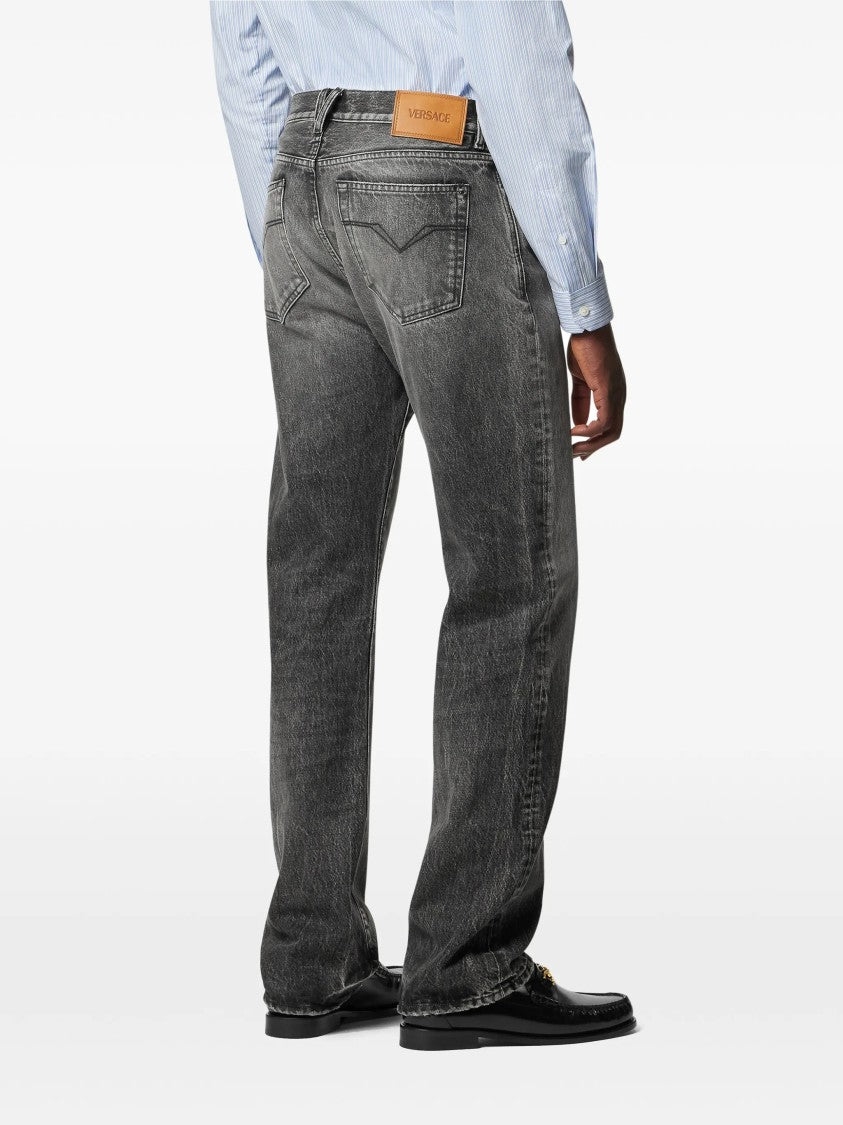 Versace Black Straight-Leg Faded Distressed Denim Jeans