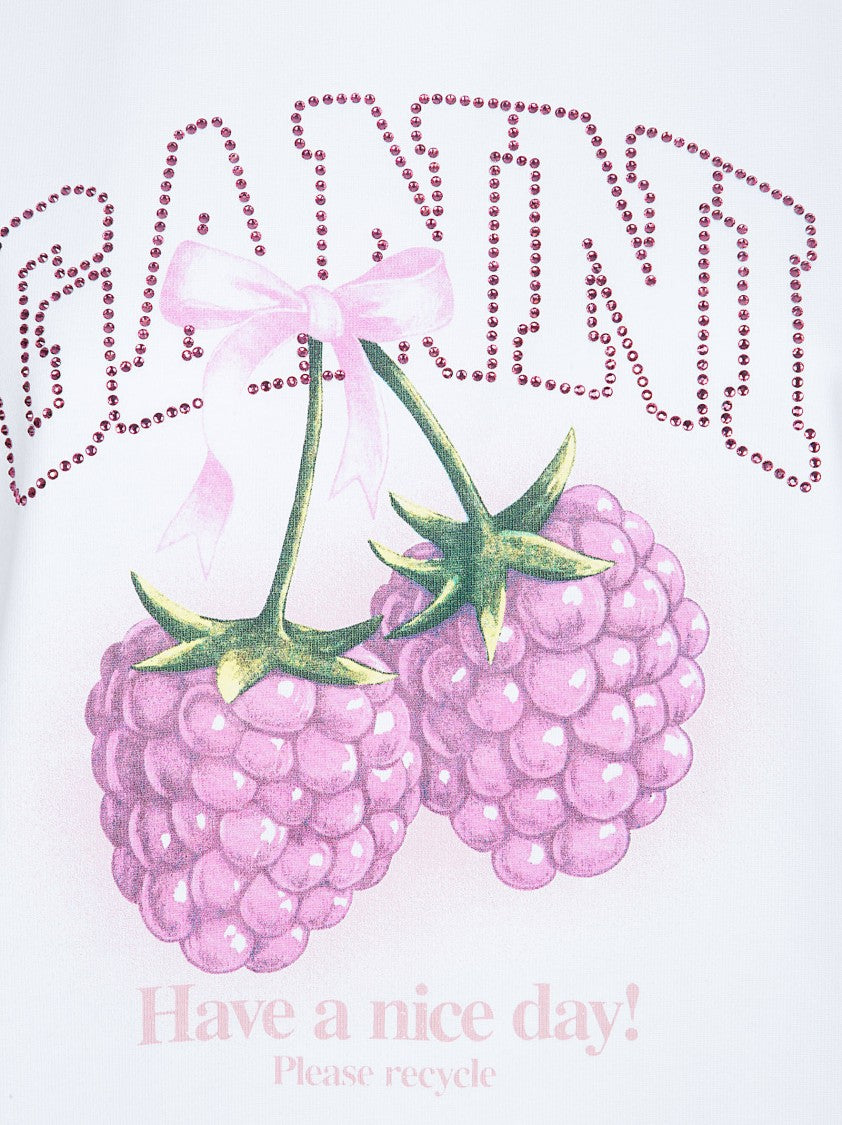 Ganni Short-Sleeved Crew Neck T-Shirt With Playful Raspberry Print