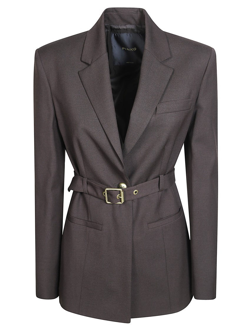 Pinko Brown Vitiano Diagonale Belted Tailored Blazer