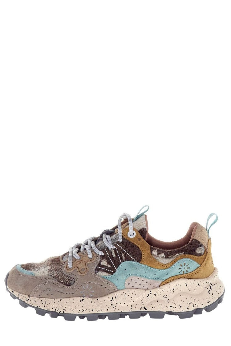 Flower Mountain Checkered Beige Sneakers With Suede Accents