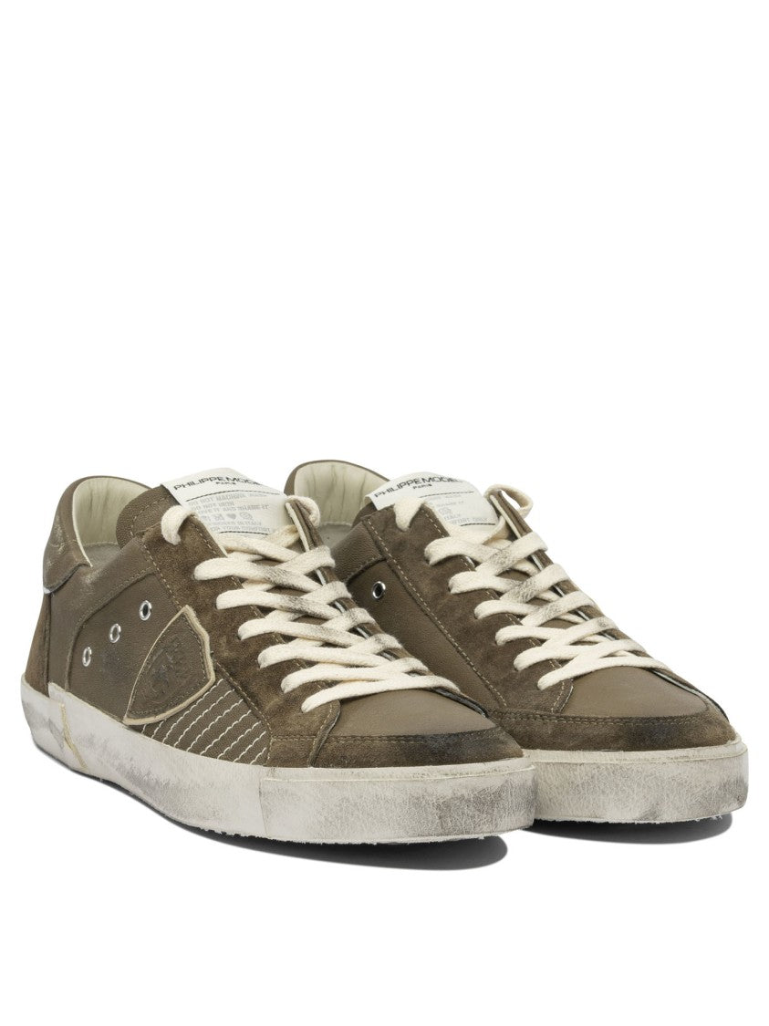 Philippe Model Paris Distressed Olive Green Leather And Suede Sneakers