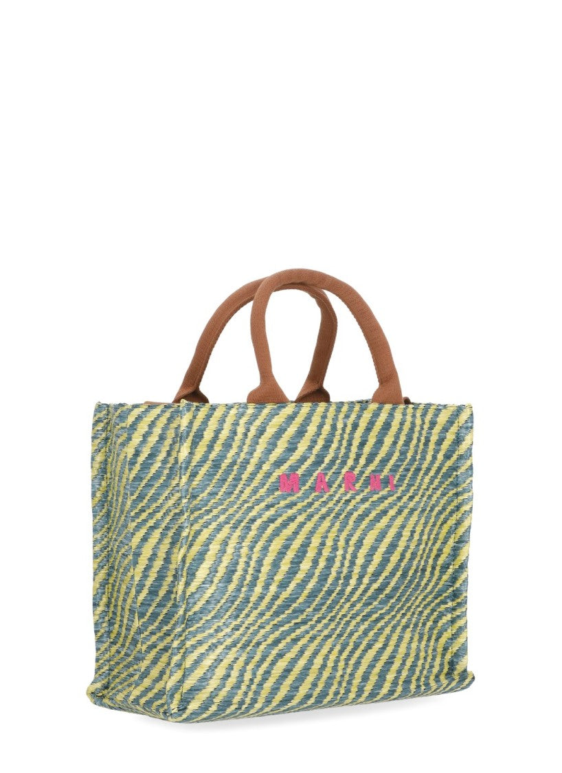 Marni Rectangular Shopping Bag With Contrasting Logo And Striped Pattern