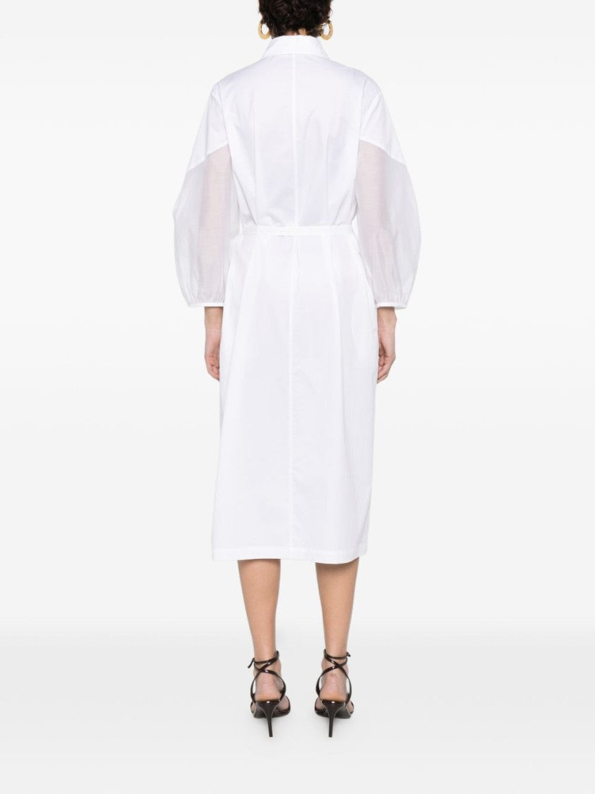 Peserico White Midi Dress With Balloon Sleeves And Classic Collar