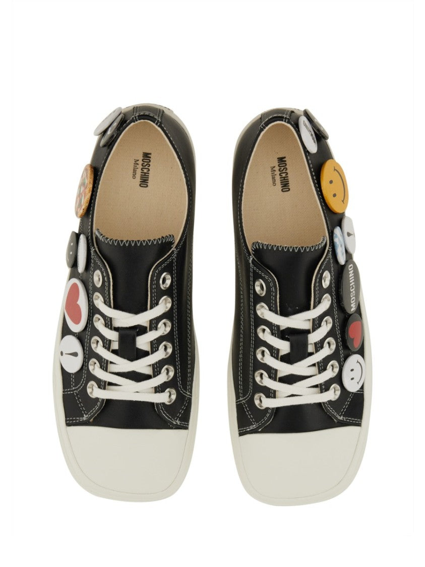 Moschino Black Leather Sneakers With Playful Pins