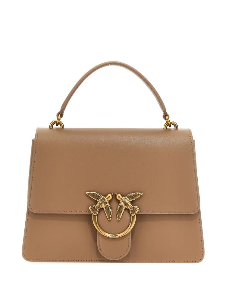 Pinko Structured Beige Top Handle Tote With Bird Clasp