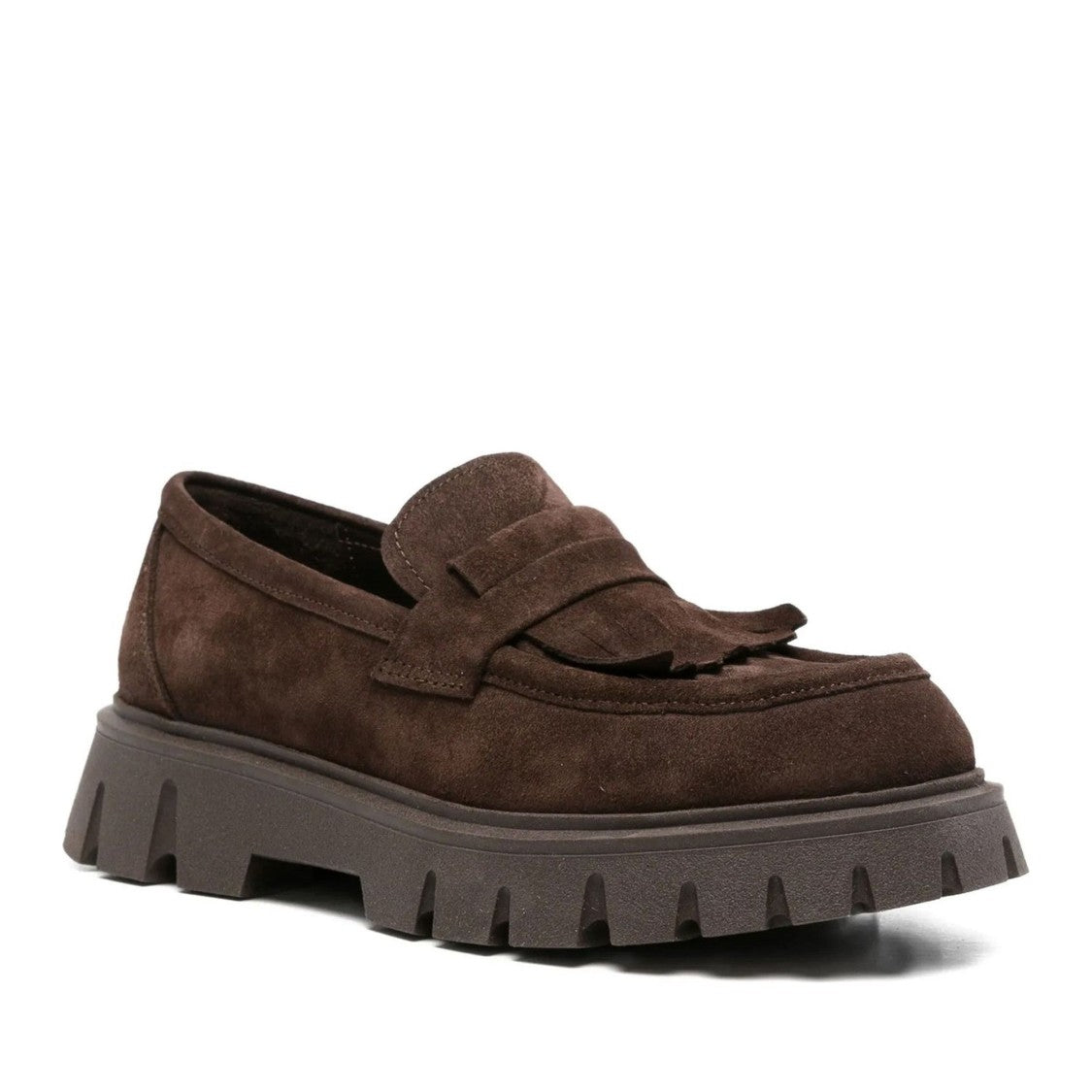 Sergio Moretti Brown Chunky Rubber Sole Fringe Detailing Suede Loafers