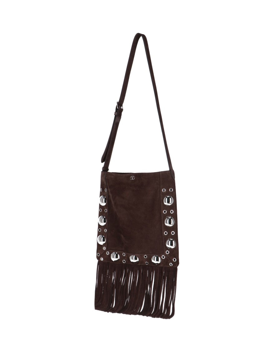 Valentino Garavani Fringe Detail Brown Suede Shoulder Bag