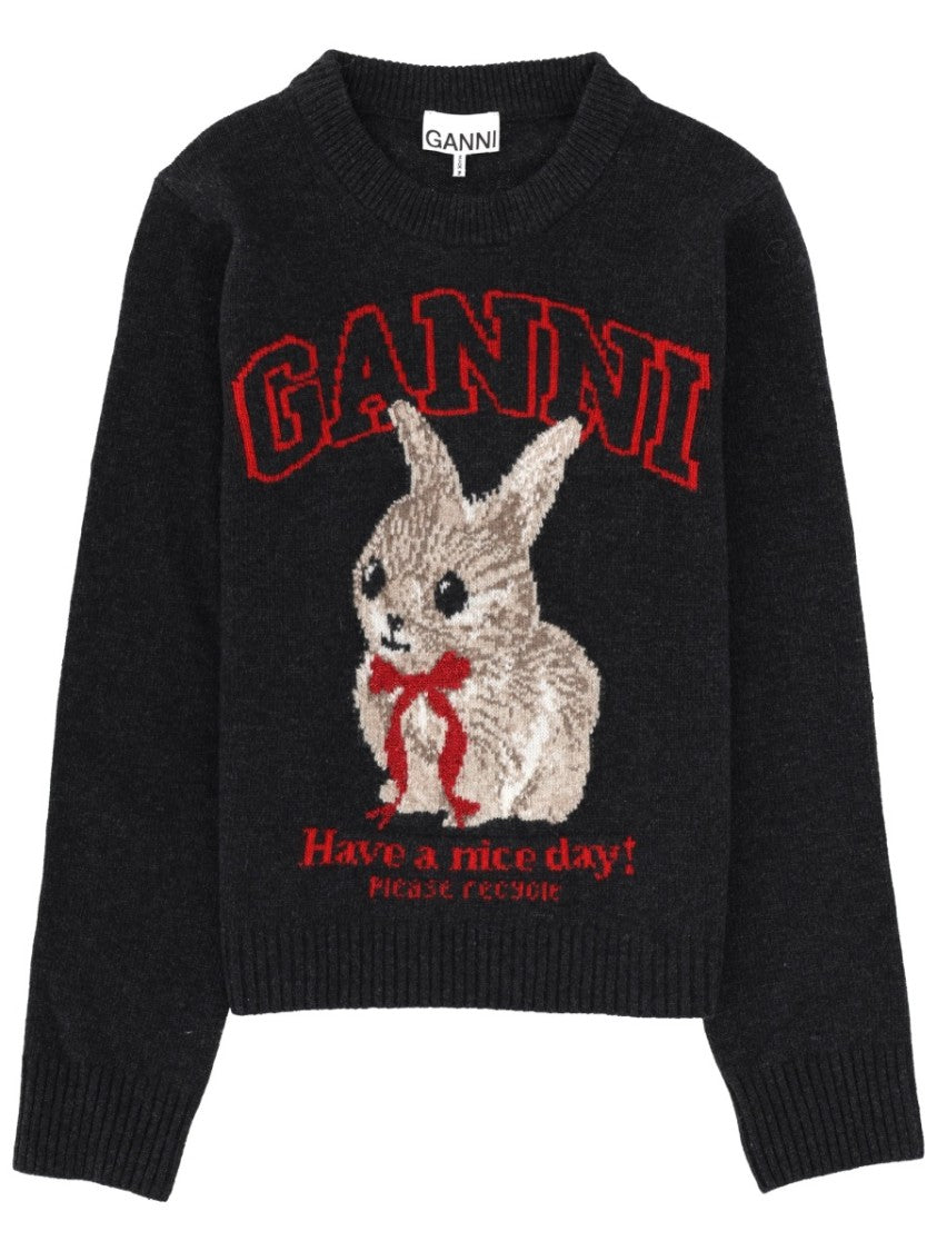 Ganni Black Bunny Printed Ribbed Wool Sweater
