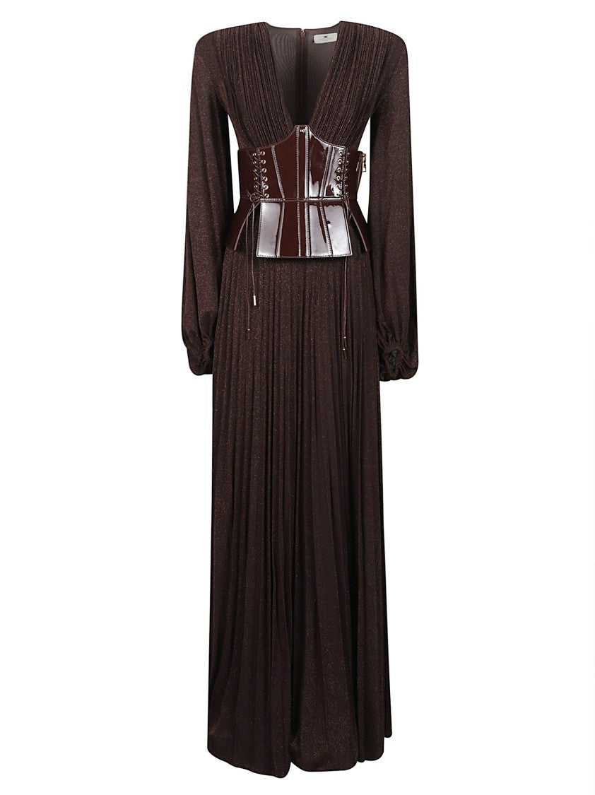 Elisabetta Franchi Red Carpet Deep V-Neck Corset Belt Maxi Dress