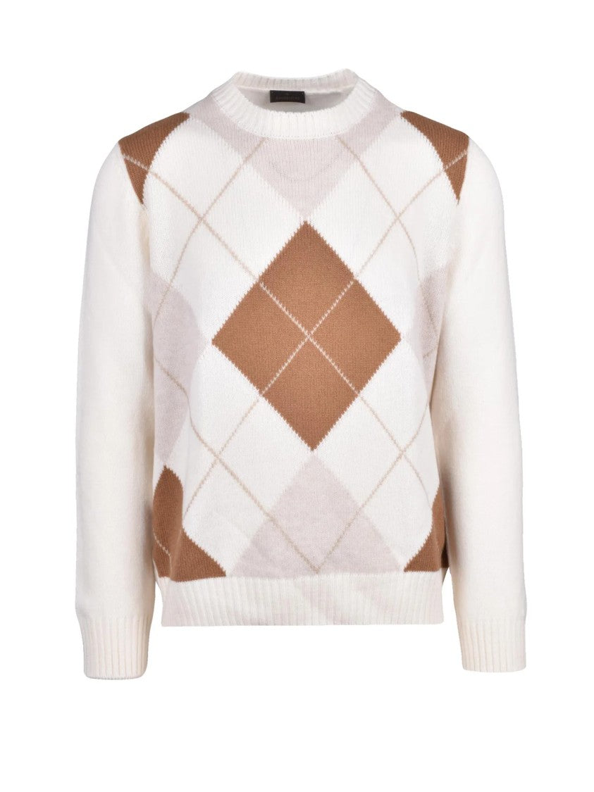 Ambrosio White/Brown Argyle Virgin Wool Crewneck Sweater