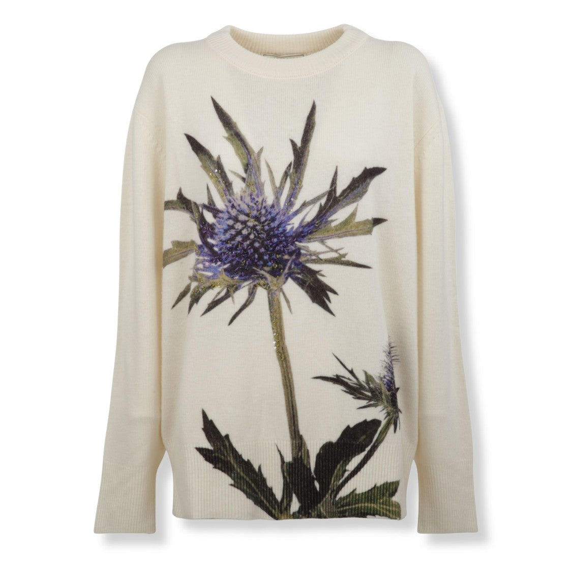 Blumarine Ribbed Knit Pullover With Sequin Floral Embellishment