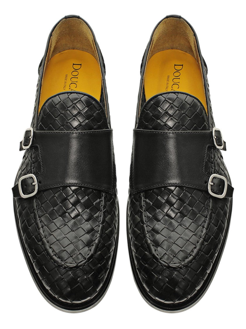 Doucal's Woven Black Calf Leather Loafers With Dual Buckle Accents