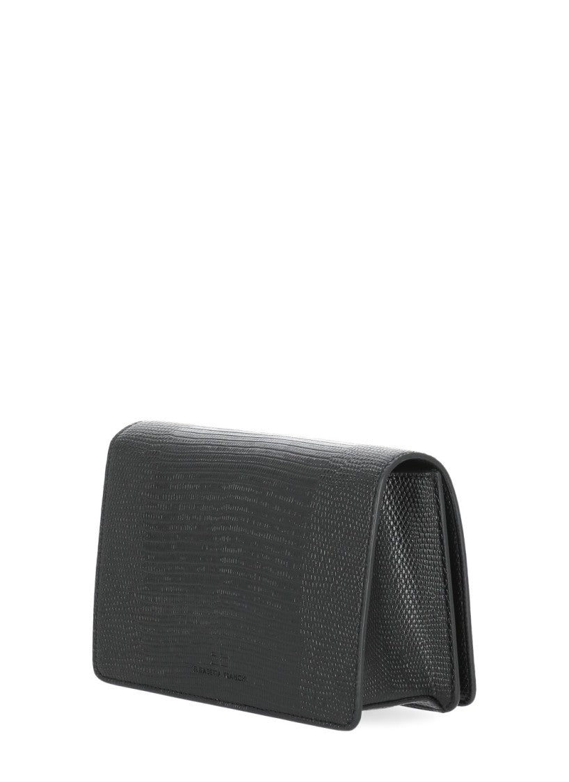 Elisabetta Franchi Black Shoulder Bag With Lizard Effect And Gold Chain Strap