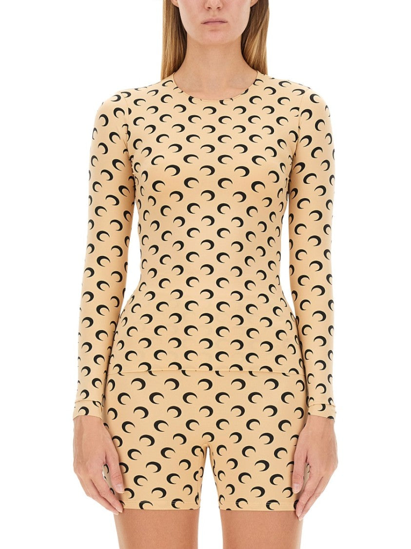 Marine Serre Fitted Long-Sleeve Top With Crescent Moon Pattern