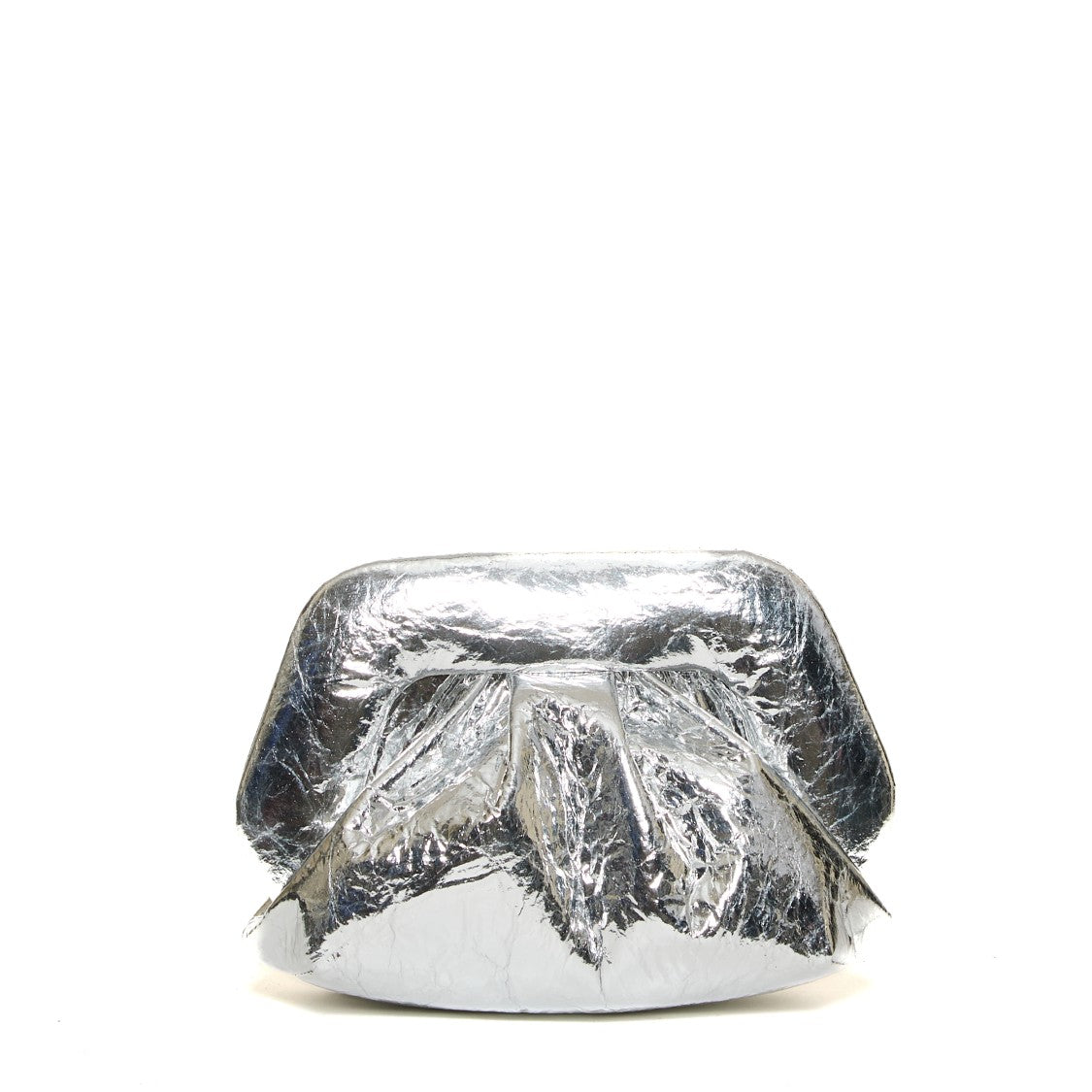 Themoirè Silver Mirror Clutch With Crinkled Texture And Compact Design