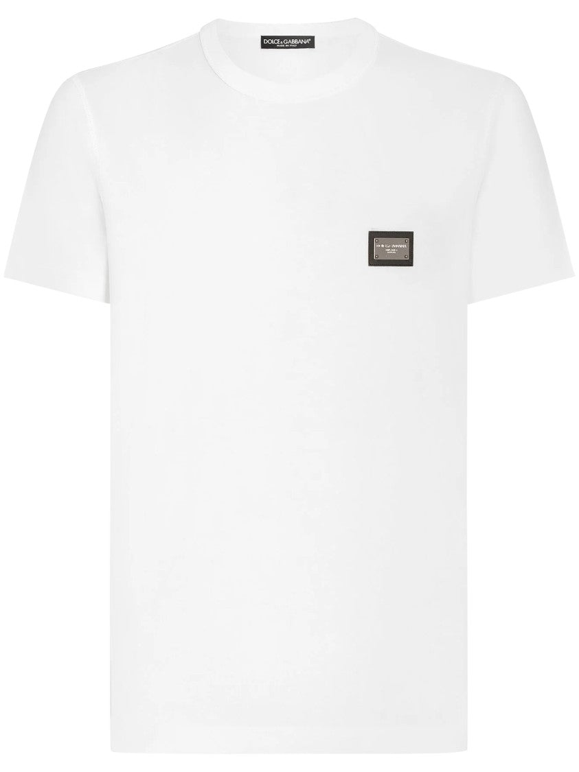 Dolce & Gabbana White Logo Patch Short-Sleeve Cotton T-Shirt